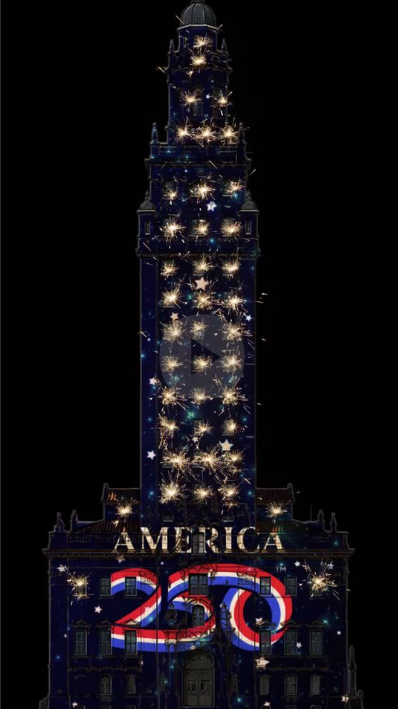 America 250 anniversary title and fireworks projected across Miami’s Freedom Tower