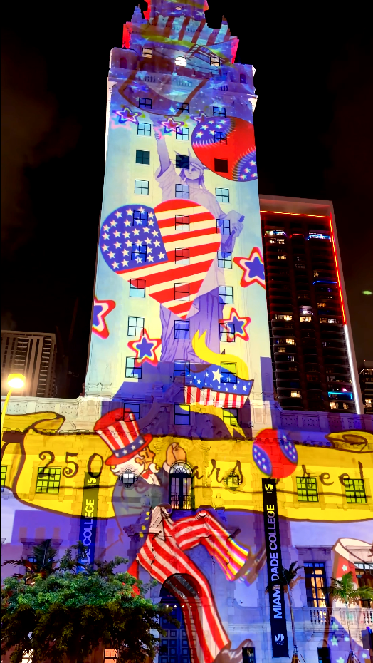 Patriotic animated character and stars projected on the Freedom Tower during the America 250 event