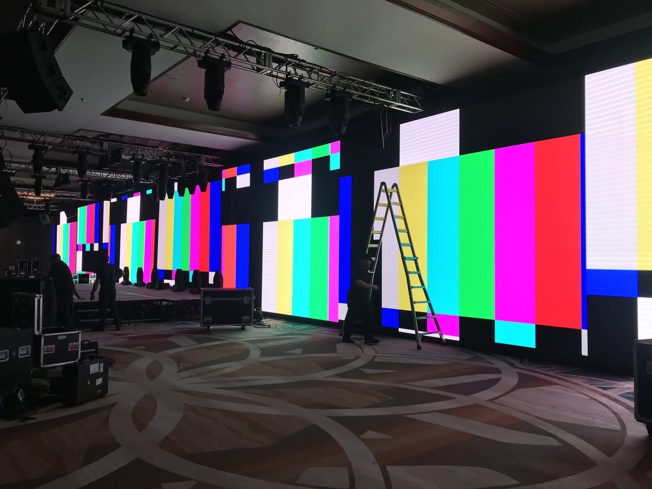 Large LED wall undergoing color calibration for the Make-A-Wish Ball