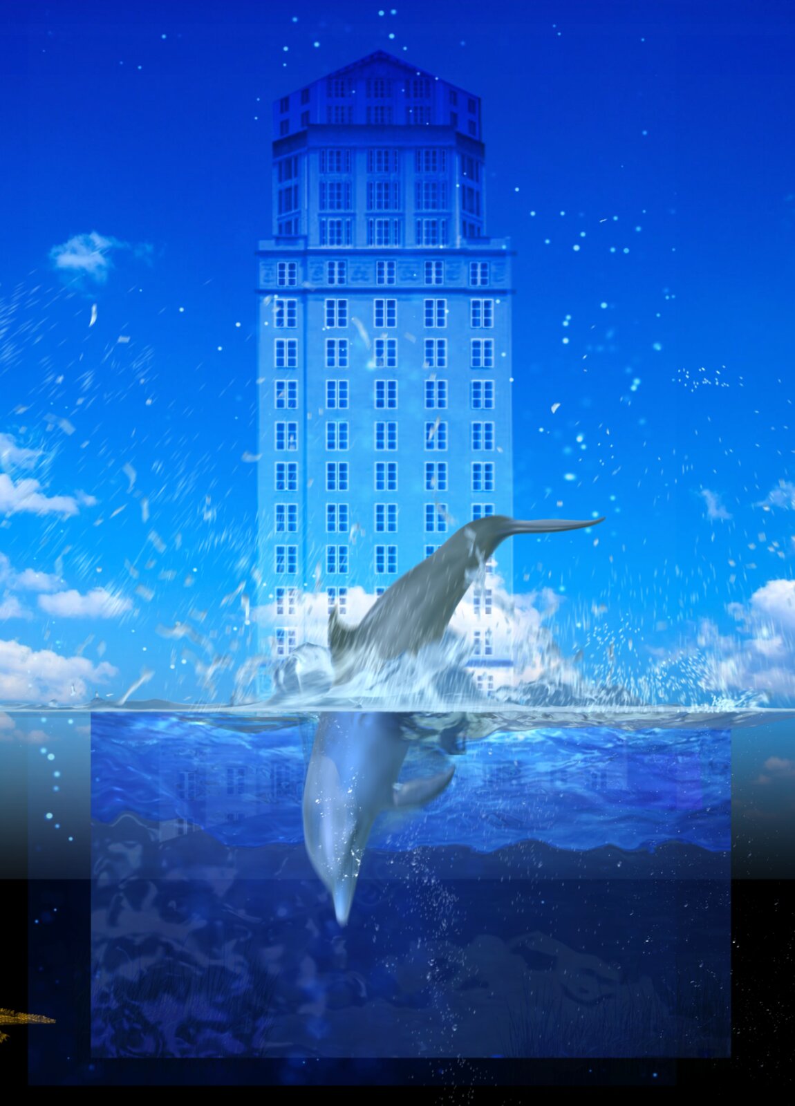 Dolphin concept art mapped to the Miami-Dade Courthouse silhouette