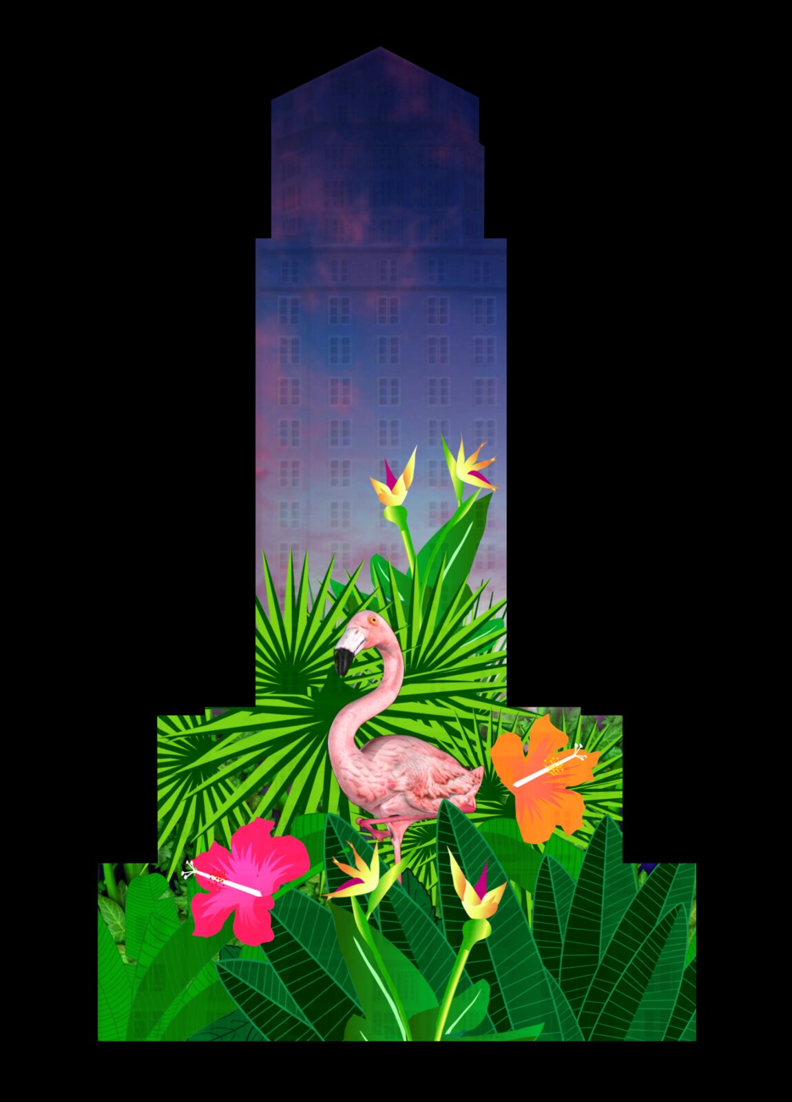 Flamingo and tropical foliage concept art for Miami 125