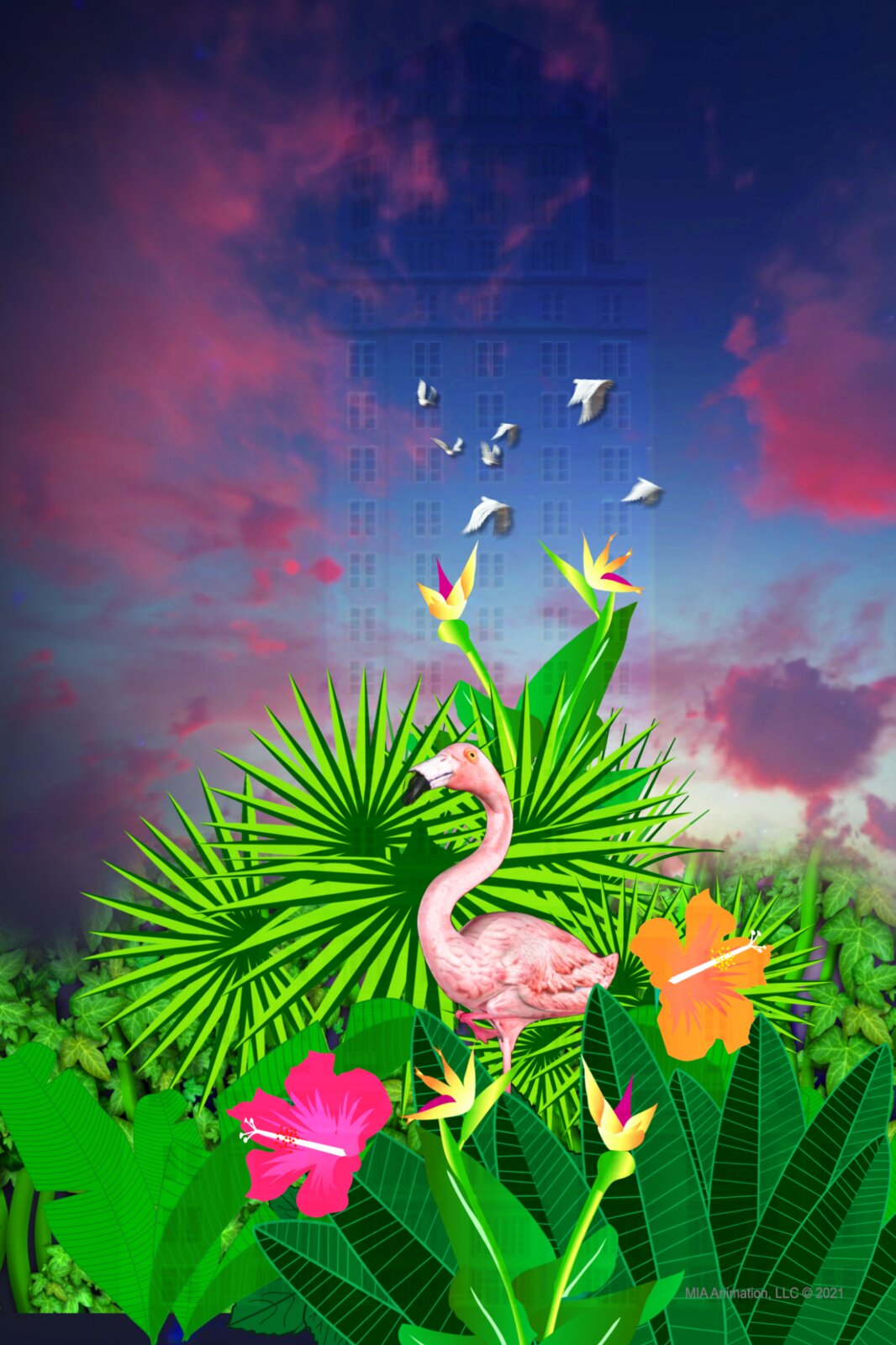 Expanded flamingo projection-mapping composition for Miami 125
