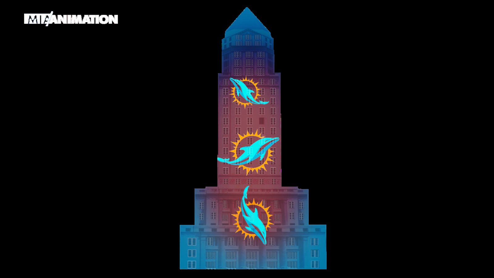 Miami Dolphins-inspired sports imagery mapped to the courthouse